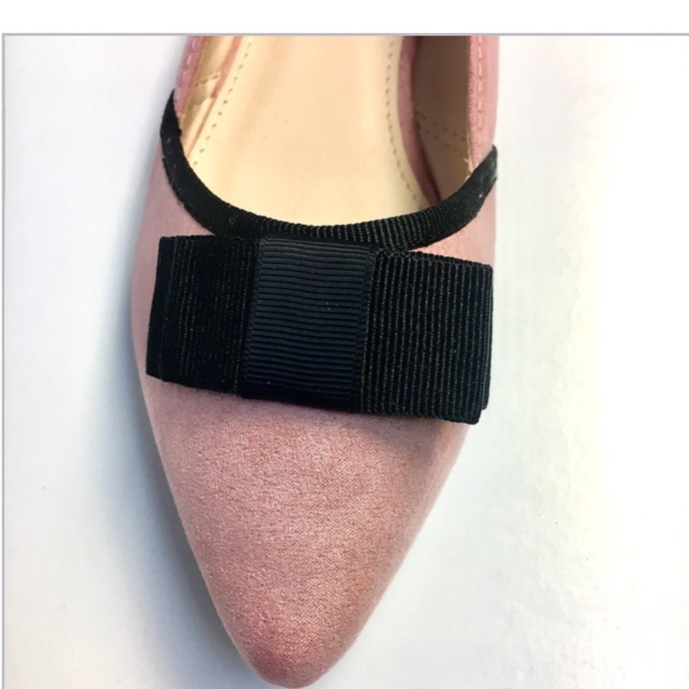 Pink Pointed Toe Flats with Black Bow - Faux Suede - Picture 6 of 7